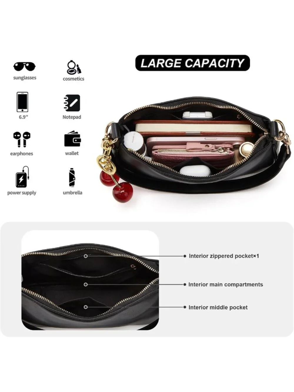 Stylish Black Hobo Shoulder Bag for Women - Retro Cherry Clutch with Removable